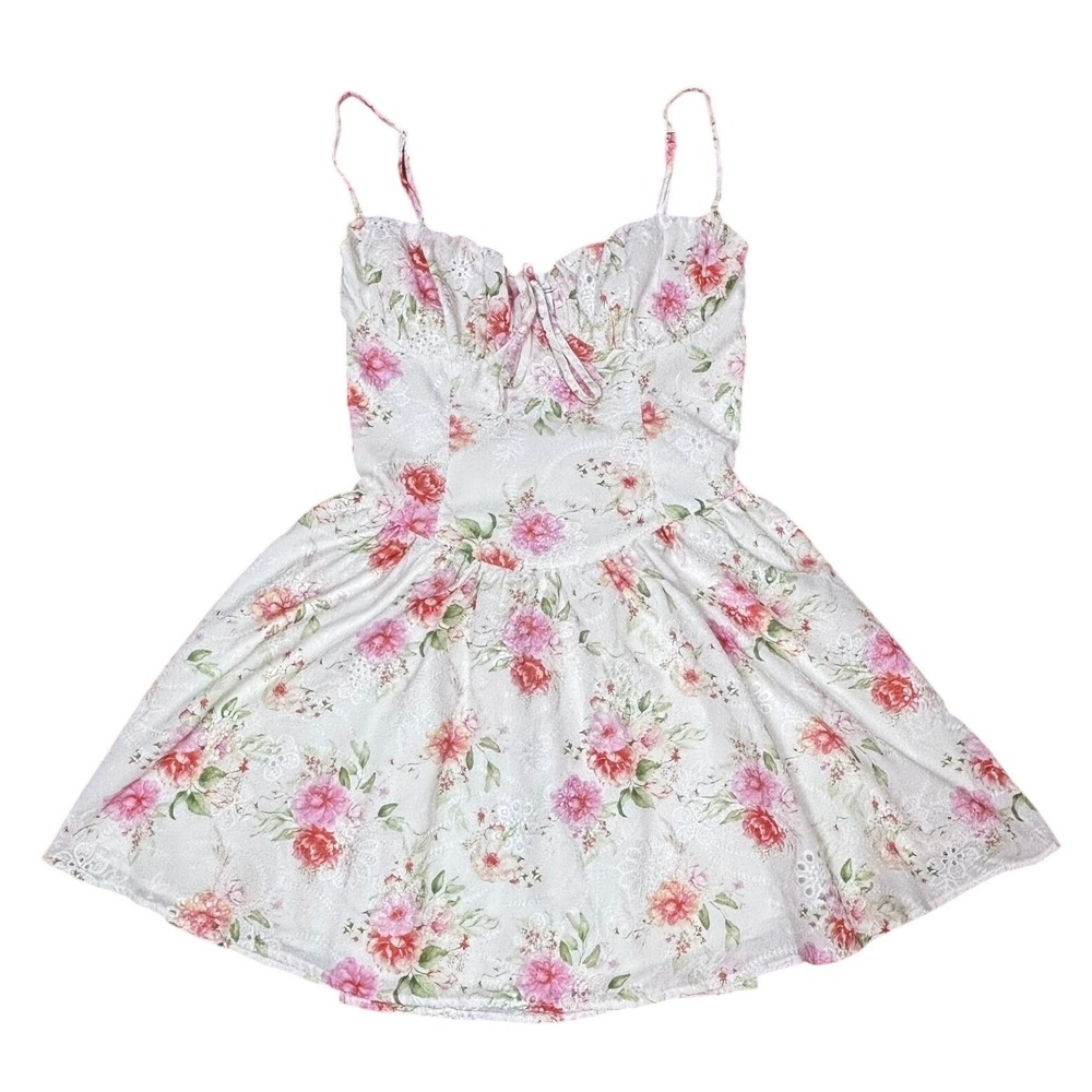 Privy Cottagecore Coquette Floral Eyelet Lace Pink White Mini Dress L